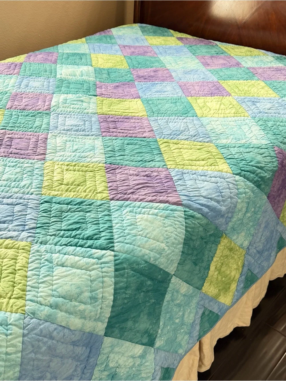 Vintage Pastel Patchwork Cotton  Queen Quilt – 85” x 90”
